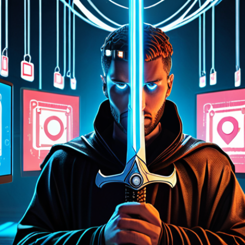 **Image Prompt:** A digital illustration depicting a sword (Damocles) hanging over a person's head, representing the threat of data breaches. The person is surrounded by glowing app icons requesting permissions. GDPR is symbolized by a shield, offering partial protection. Modern, slightly cyberpunk aesthetic.