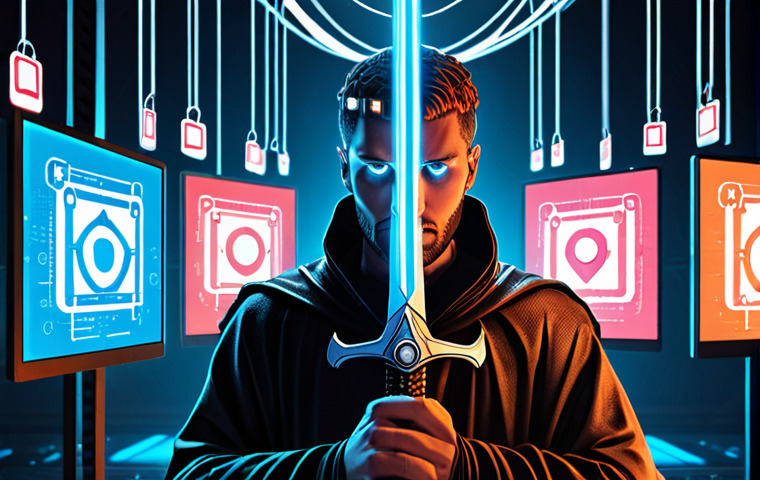 **Image Prompt:** A digital illustration depicting a sword (Damocles) hanging over a person's head, representing the threat of data breaches. The person is surrounded by glowing app icons requesting permissions. GDPR is symbolized by a shield, offering partial protection. Modern, slightly cyberpunk aesthetic.