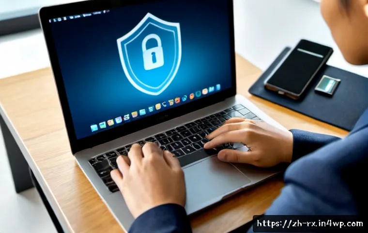 자기주권과 데이터 유출 방지 - Photorealistic modern home office, confident adult user securing personal data on a sleek laptop, ha...